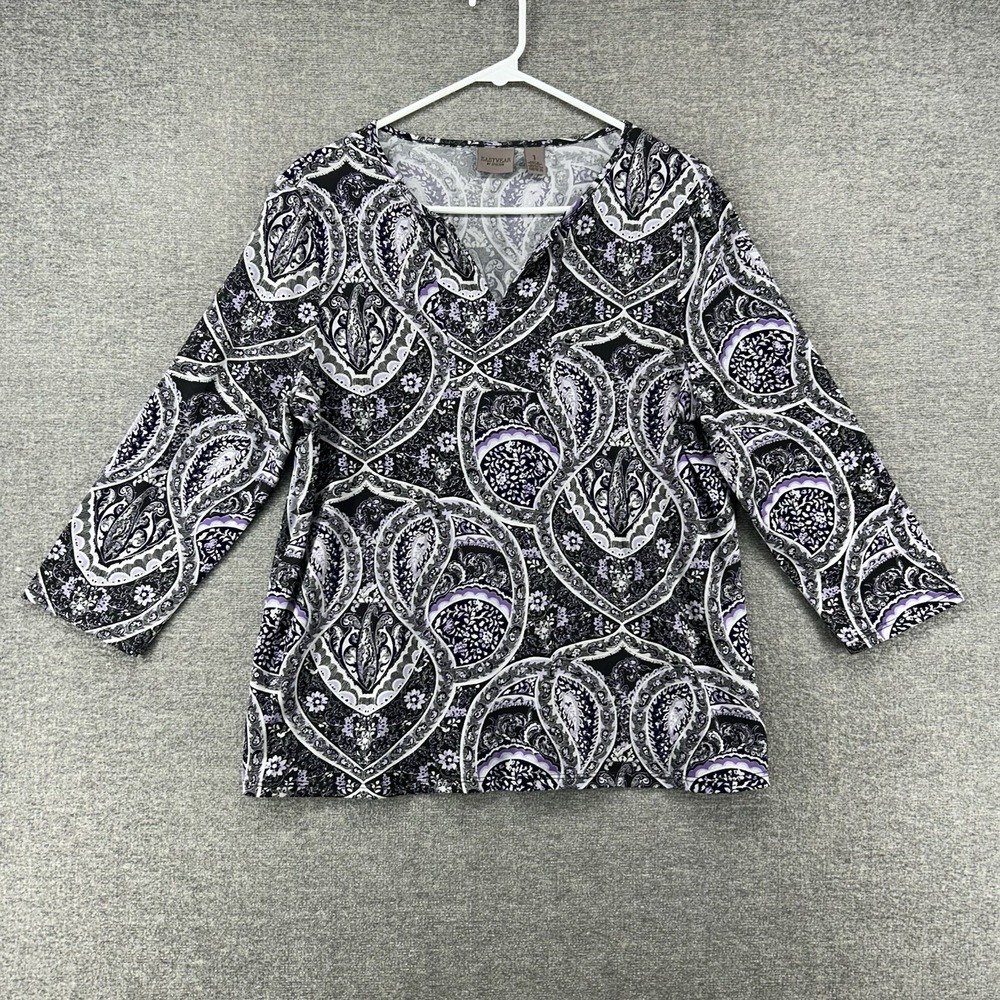 Chicos Easywear Blouse Top Women Size 1 Black Purple Paisley Casual 3/4 Sleeve